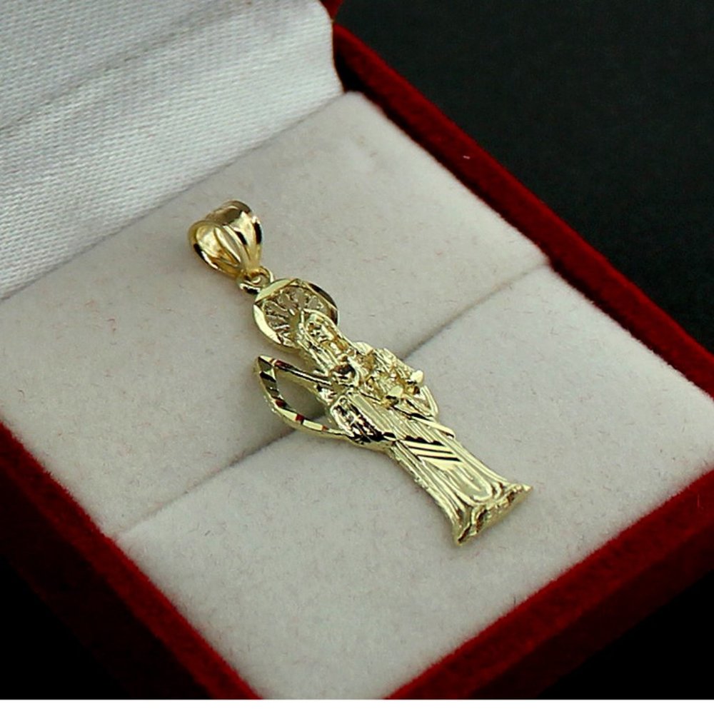 10K Yellow Gold Santa Muerte Grim Reaper Pendant & 2mm Rope Chain Necklace Set - Picture 3 of 9